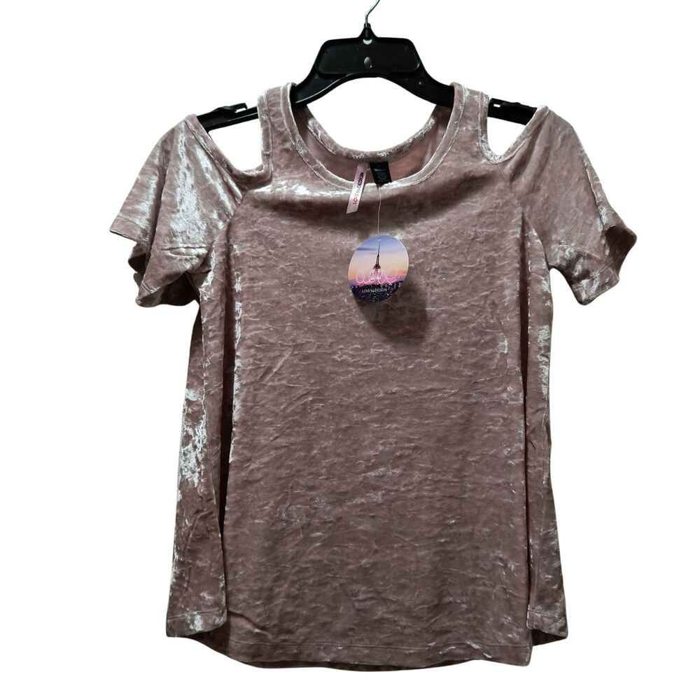 Love by Design Crushed Velvet Cold Shoulder Top Women's M Pink Ice Stretch NWT